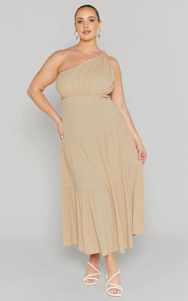 Showpo Celestia Midi Dress - Tiered One Shoulder Dress Sand | XTWBAG627