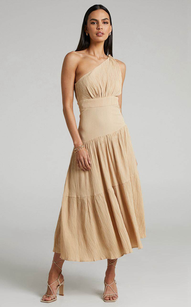 Showpo Celestia Midi Dress - Tiered One Shoulder Dress Sand | XTWBAG627