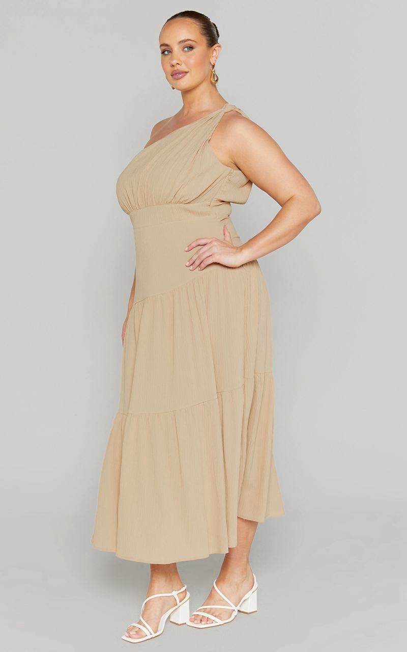 Showpo Celestia Midi Dress - Tiered One Shoulder Dress Sand | XTWBAG627