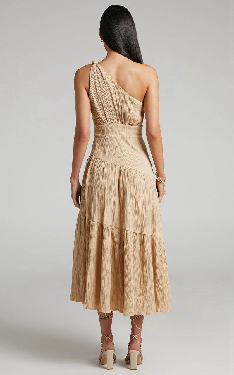 Showpo Celestia Midi Dress - Tiered One Shoulder Dress Sand | XTWBAG627