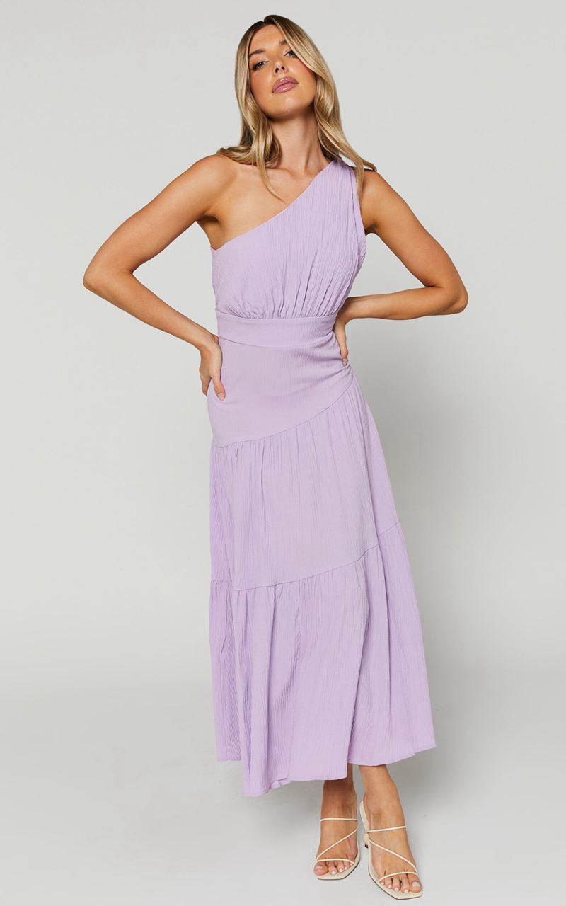 Showpo Celestia Midi Dress - Tiered One Shoulder Dress Lavender | COWKMD078