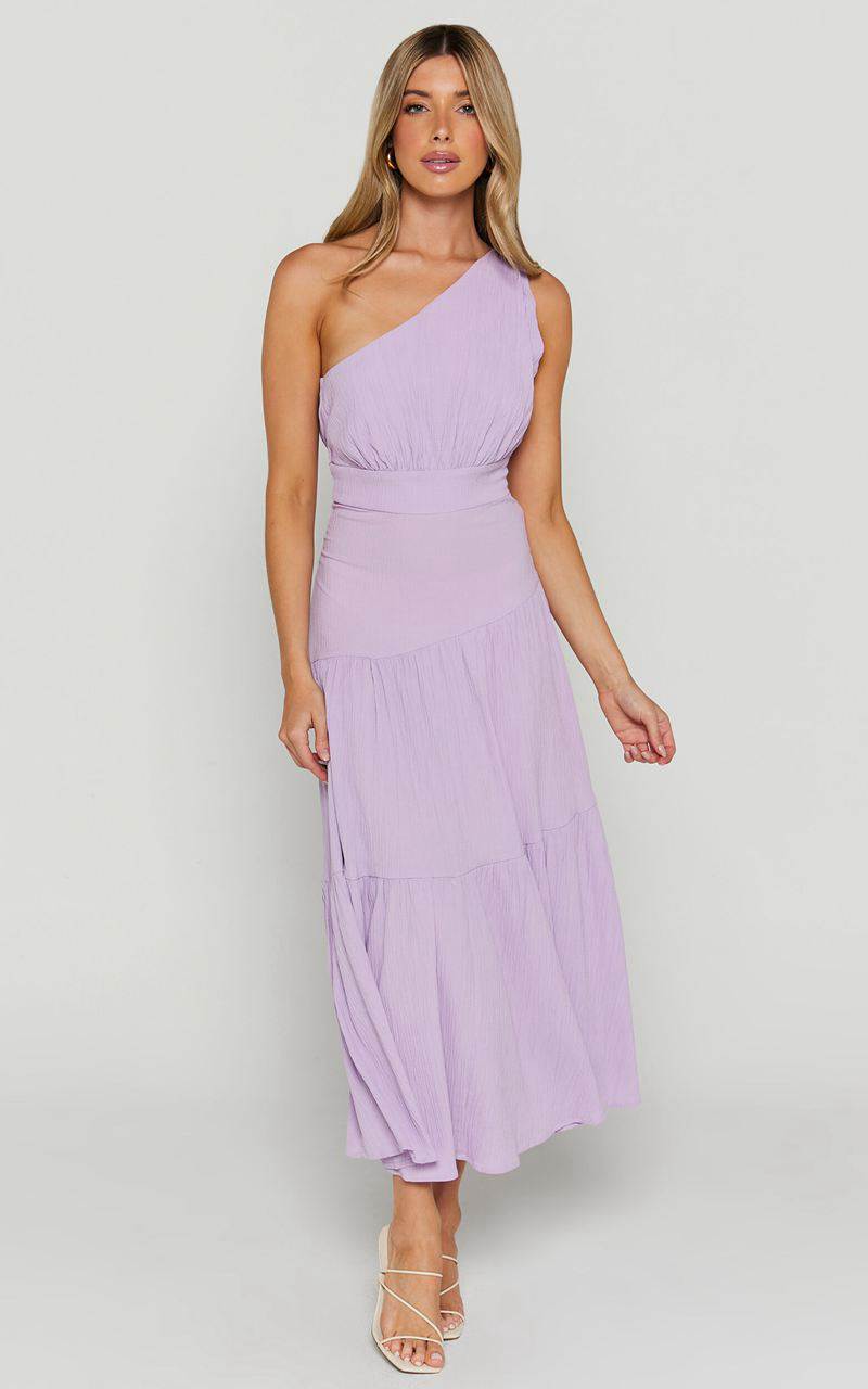 Showpo Celestia Midi Dress - Tiered One Shoulder Dress Lavender | COWKMD078