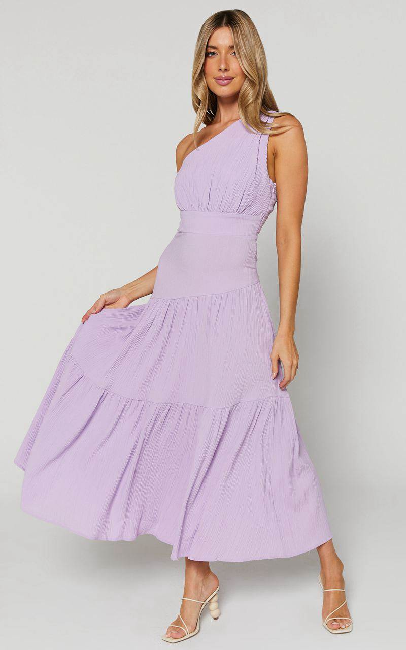 Showpo Celestia Midi Dress - Tiered One Shoulder Dress Lavender | COWKMD078