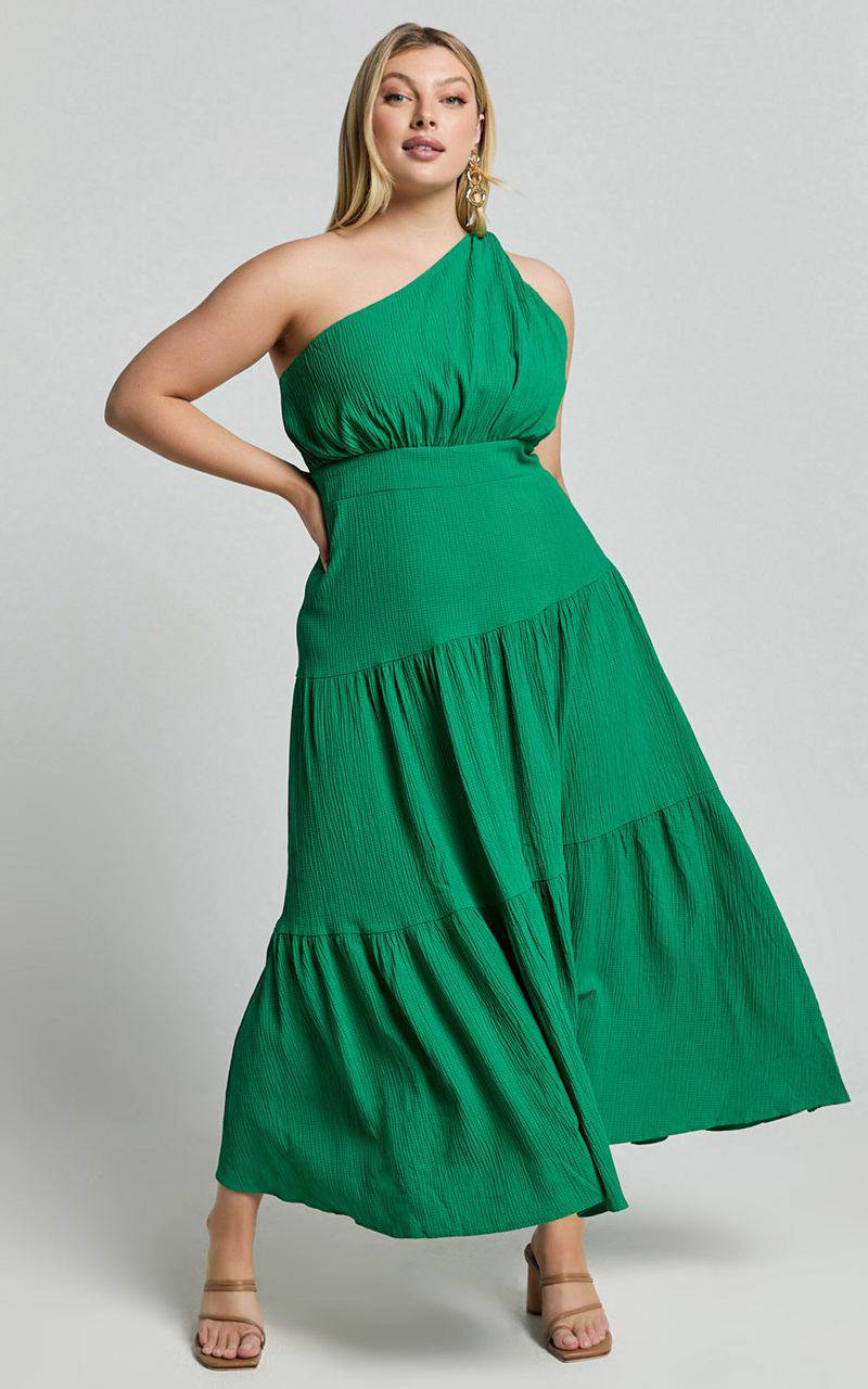 Showpo Celestia Midi Dress - Tiered One Shoulder Dress Green | TVUHGK649