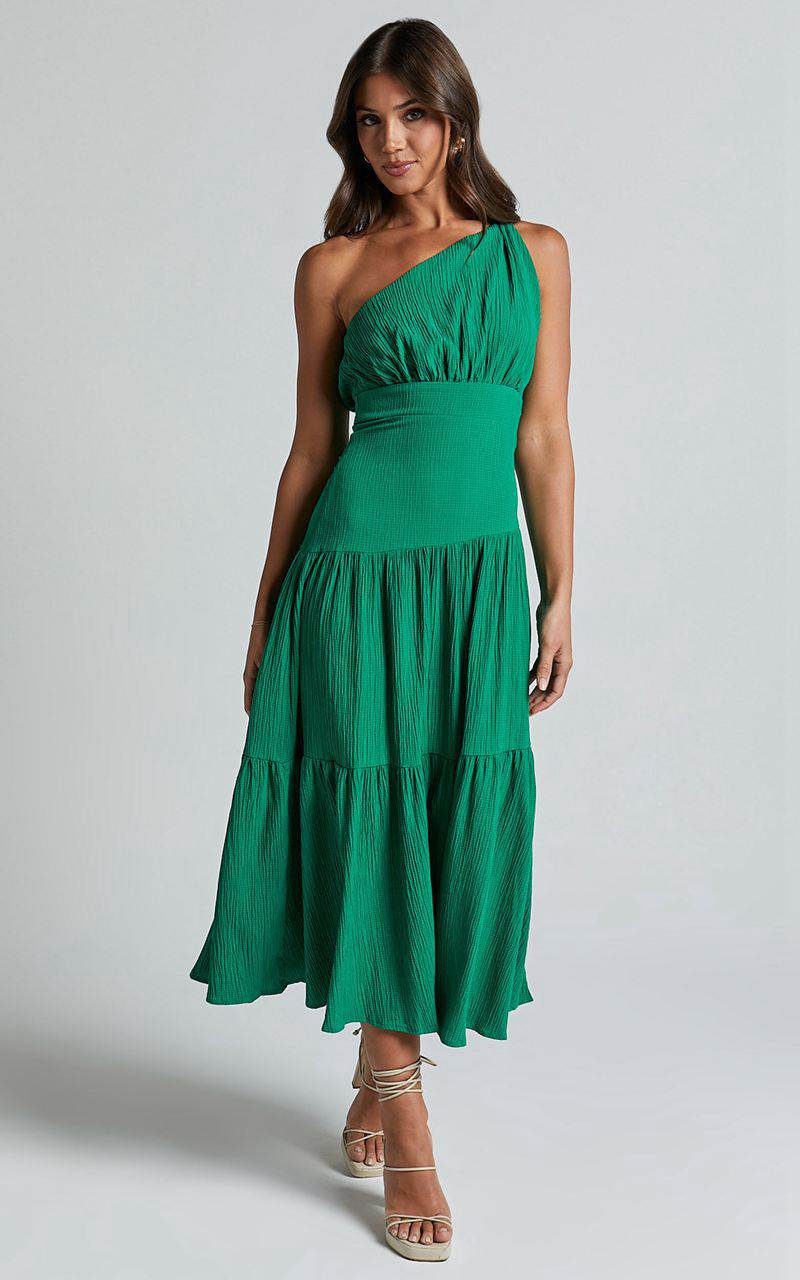 Showpo Celestia Midi Dress - Tiered One Shoulder Dress Green | TVUHGK649