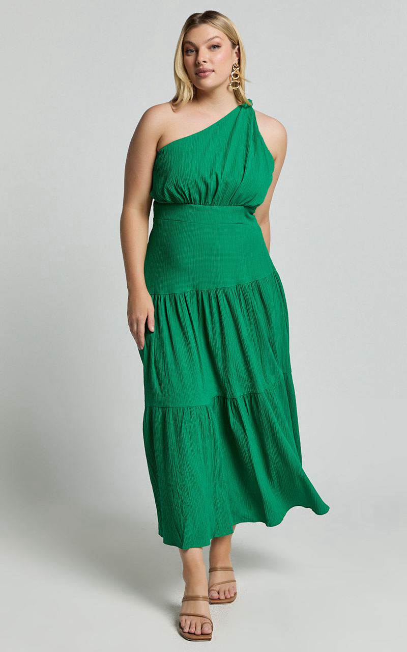 Showpo Celestia Midi Dress - Tiered One Shoulder Dress Green | TVUHGK649