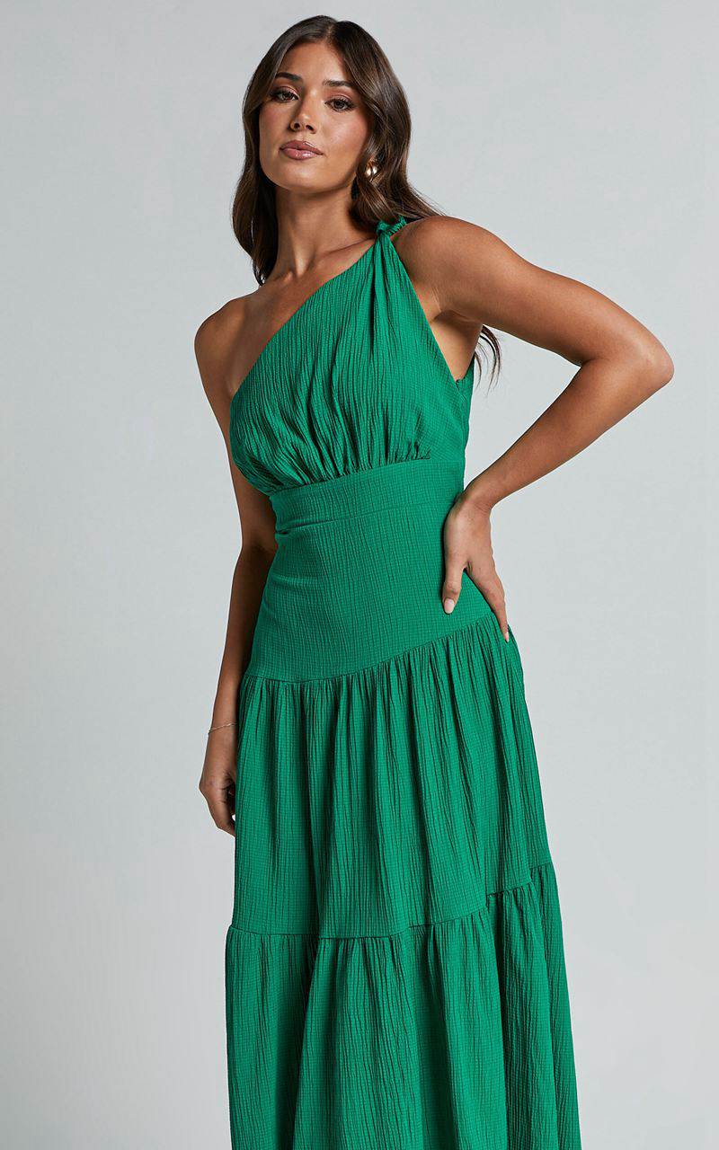 Showpo Celestia Midi Dress - Tiered One Shoulder Dress Green | TVUHGK649