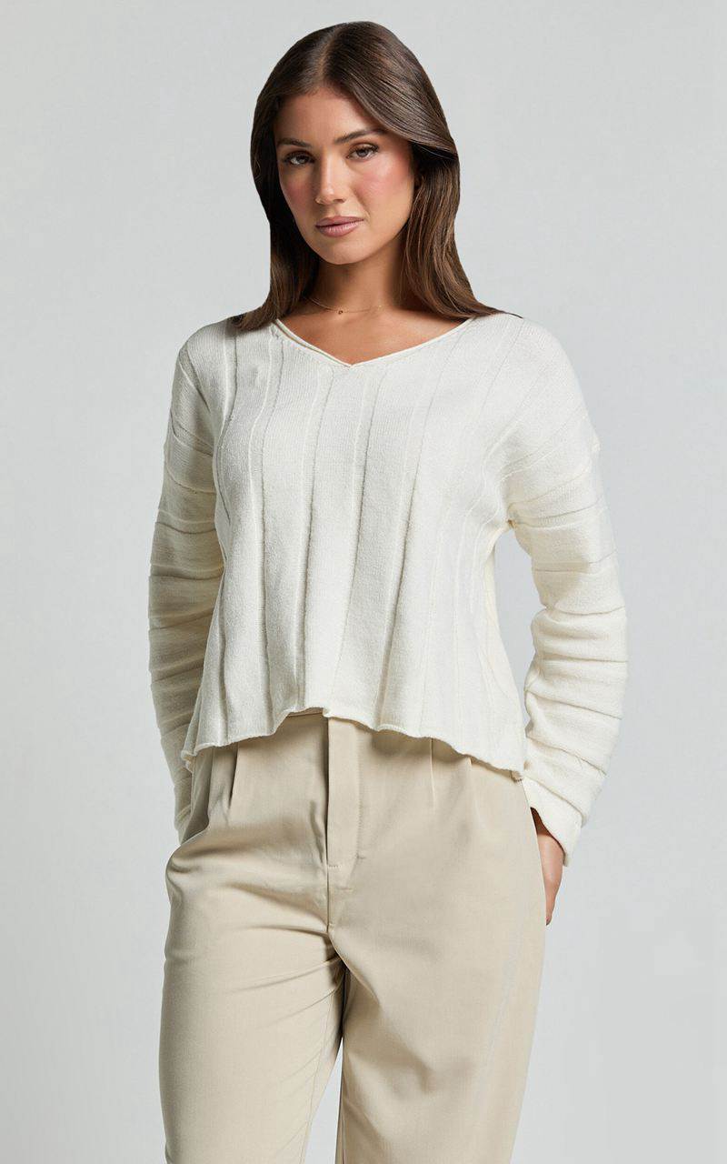 Showpo Celestina Jumper - Wide Rib V Neck Knit Jumper Cream | BVTIJF098