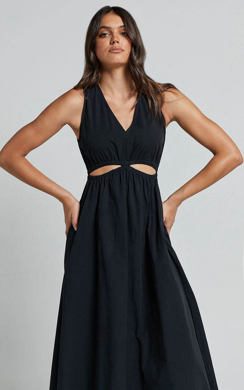 Showpo Celiana Midi Dress - Plunge Elastic Waist Cut Out Sleeveless A Line Dress Black | MTYBHQ842