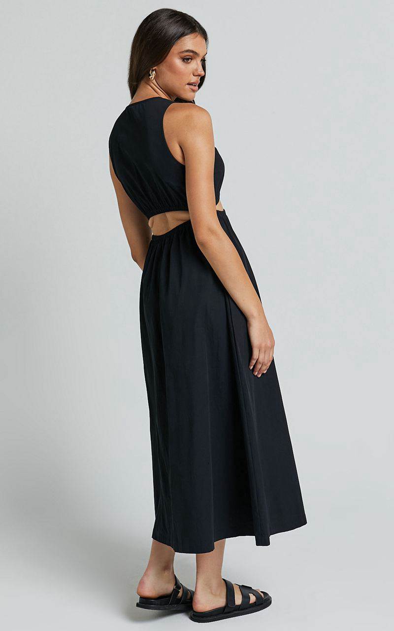 Showpo Celiana Midi Dress - Plunge Elastic Waist Cut Out Sleeveless A Line Dress Black | MTYBHQ842