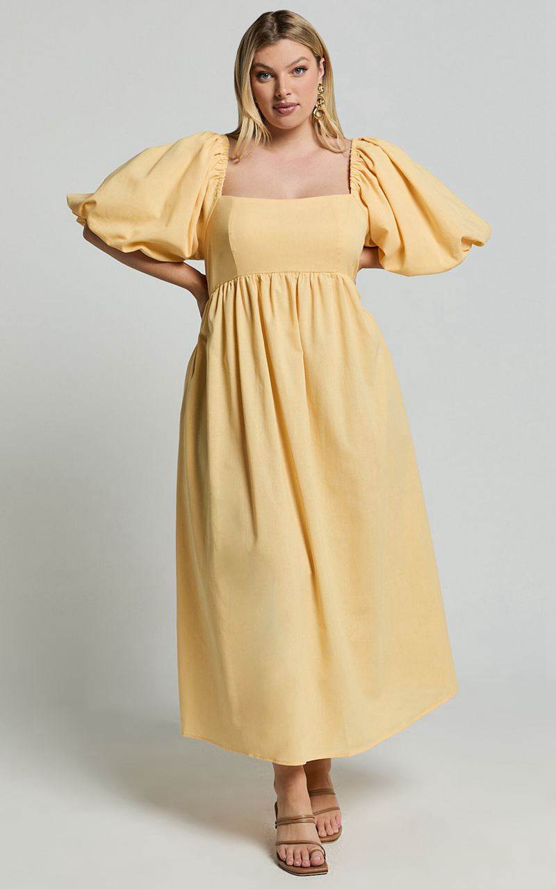 Showpo Cenia Midi Dress - Linen Look Straight Neck Shirred Back Puff Sleeve Dress Lemon | WTVIUG478