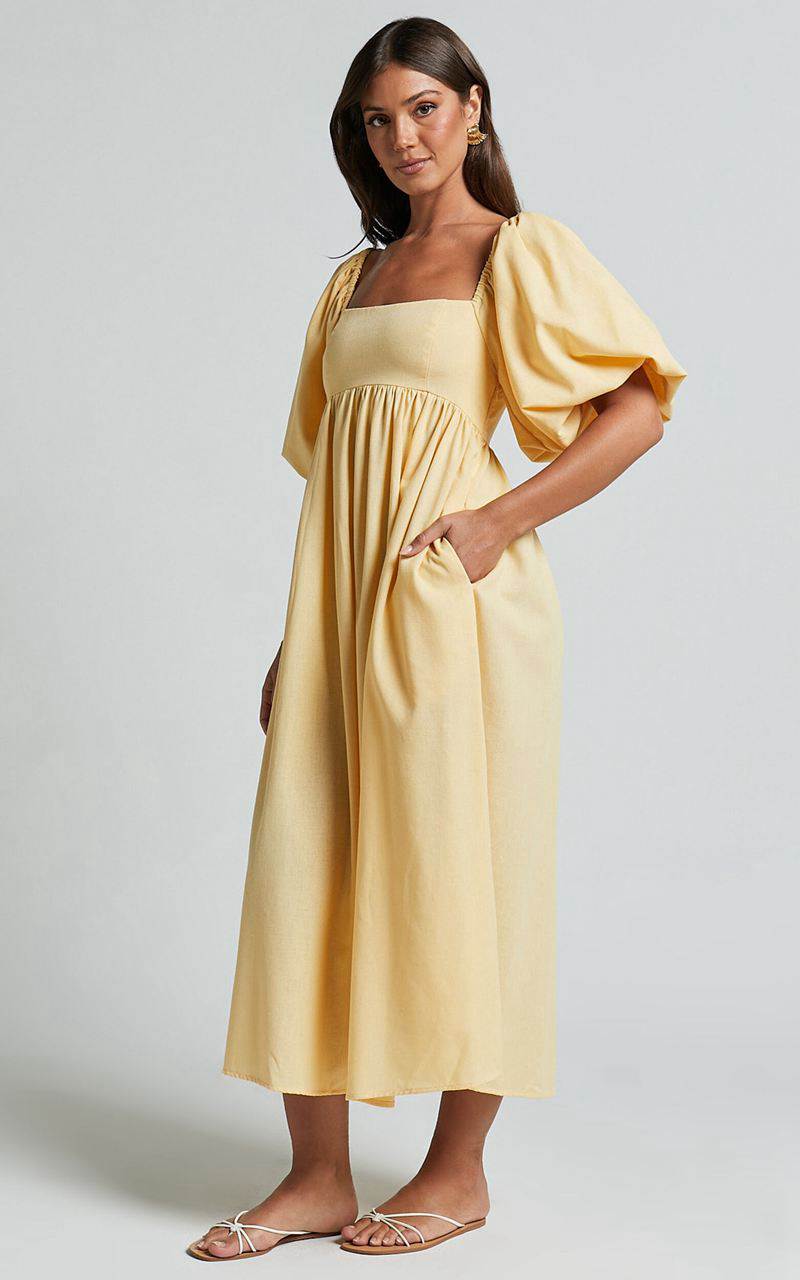 Showpo Cenia Midi Dress - Linen Look Straight Neck Shirred Back Puff Sleeve Dress Lemon | WTVIUG478