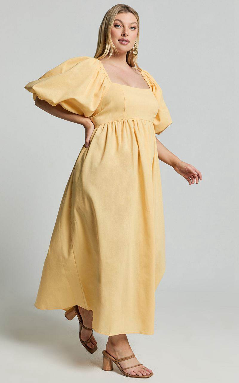 Showpo Cenia Midi Dress - Linen Look Straight Neck Shirred Back Puff Sleeve Dress Lemon | WTVIUG478