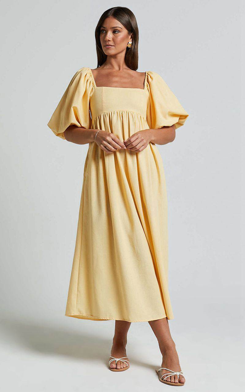 Showpo Cenia Midi Dress - Linen Look Straight Neck Shirred Back Puff Sleeve Dress Lemon | WTVIUG478