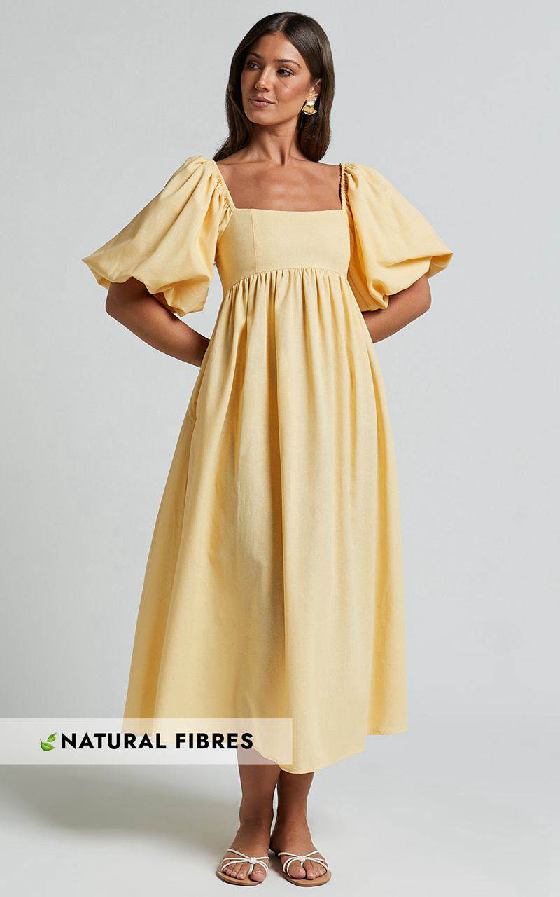 Showpo Cenia Midi Dress - Linen Look Straight Neck Shirred Back Puff Sleeve Dress Lemon | WTVIUG478