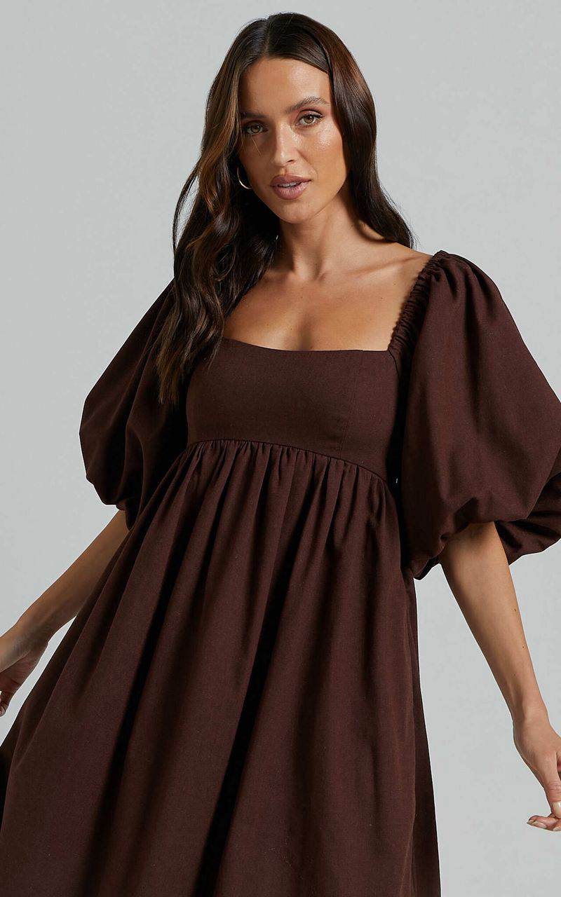 Showpo Cenia Midi Dress - Linen Look Straight Neck Shirred Back Puff Sleeve Dress Dark Oak | IDUKPJ328