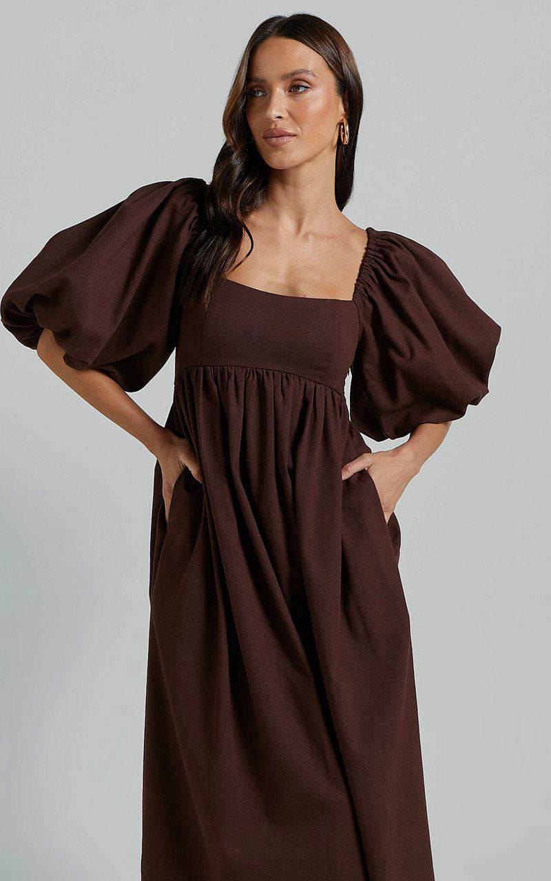 Showpo Cenia Midi Dress - Linen Look Straight Neck Shirred Back Puff Sleeve Dress Dark Oak | IDUKPJ328