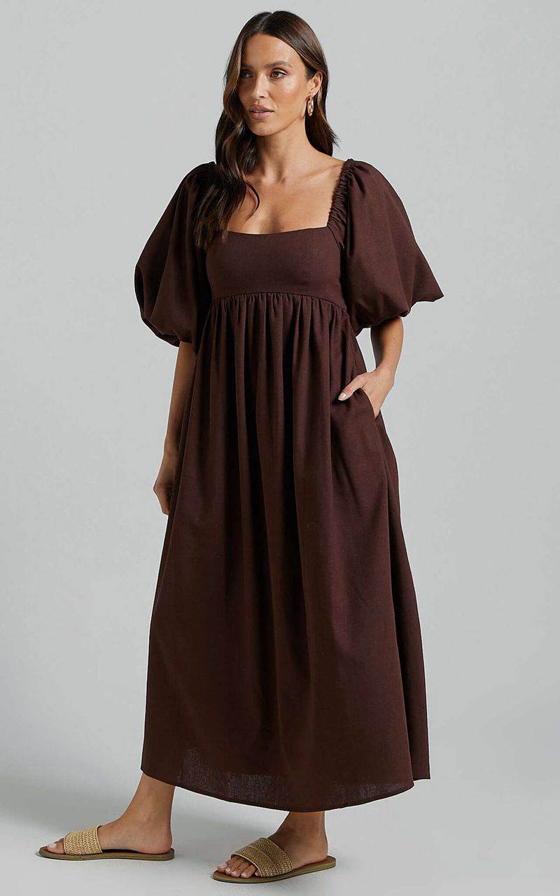 Showpo Cenia Midi Dress - Linen Look Straight Neck Shirred Back Puff Sleeve Dress Dark Oak | IDUKPJ328