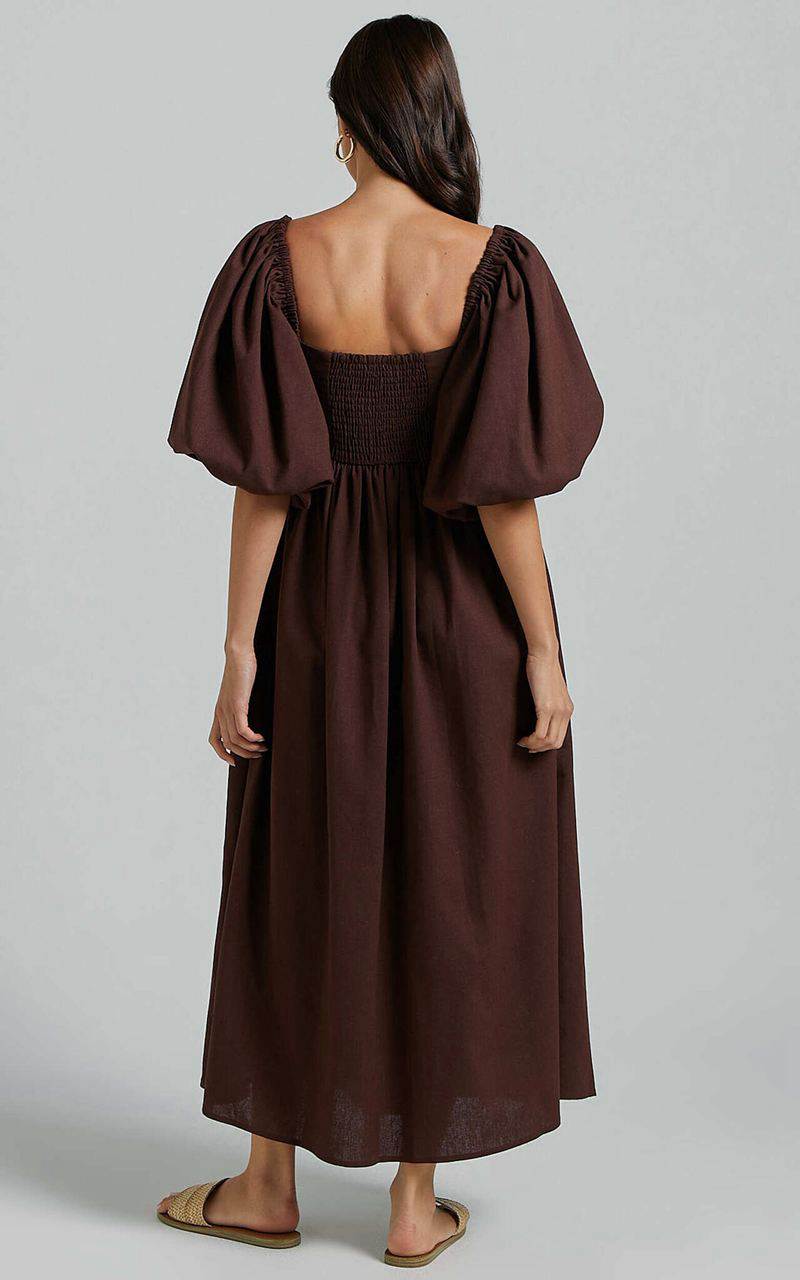 Showpo Cenia Midi Dress - Linen Look Straight Neck Shirred Back Puff Sleeve Dress Dark Oak | IDUKPJ328