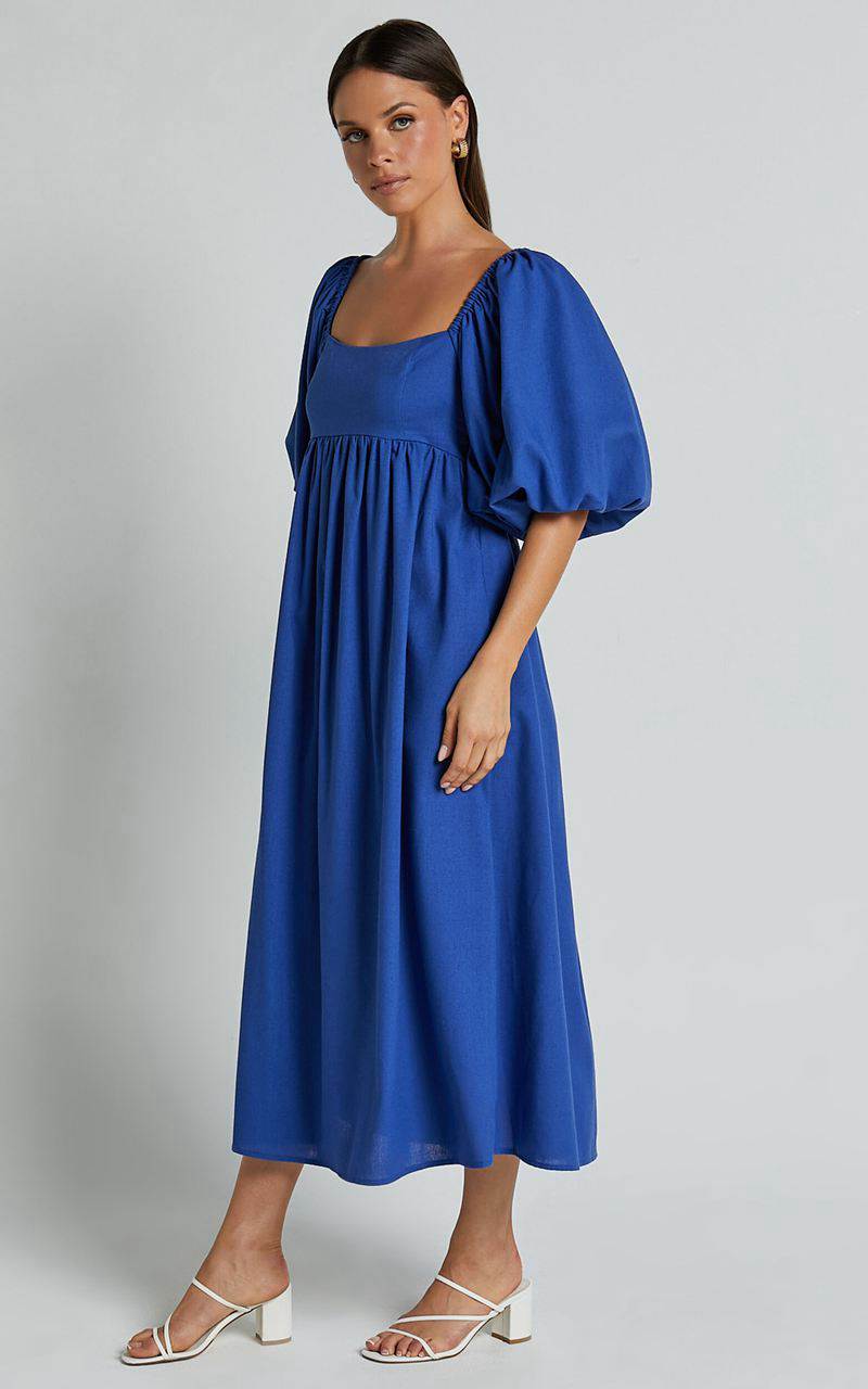 Showpo Cenia Midi Dress - Linen Look Straight Neck Shirred Back Puff Sleeve Dress Bright Blue | ZIWHBF736