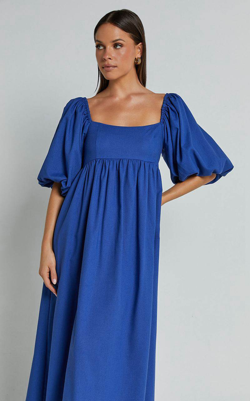 Showpo Cenia Midi Dress - Linen Look Straight Neck Shirred Back Puff Sleeve Dress Bright Blue | ZIWHBF736