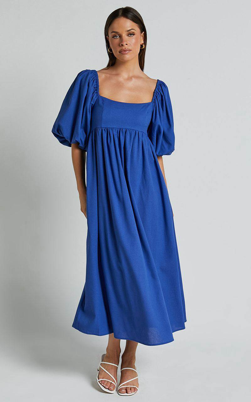 Showpo Cenia Midi Dress - Linen Look Straight Neck Shirred Back Puff Sleeve Dress Bright Blue | ZIWHBF736