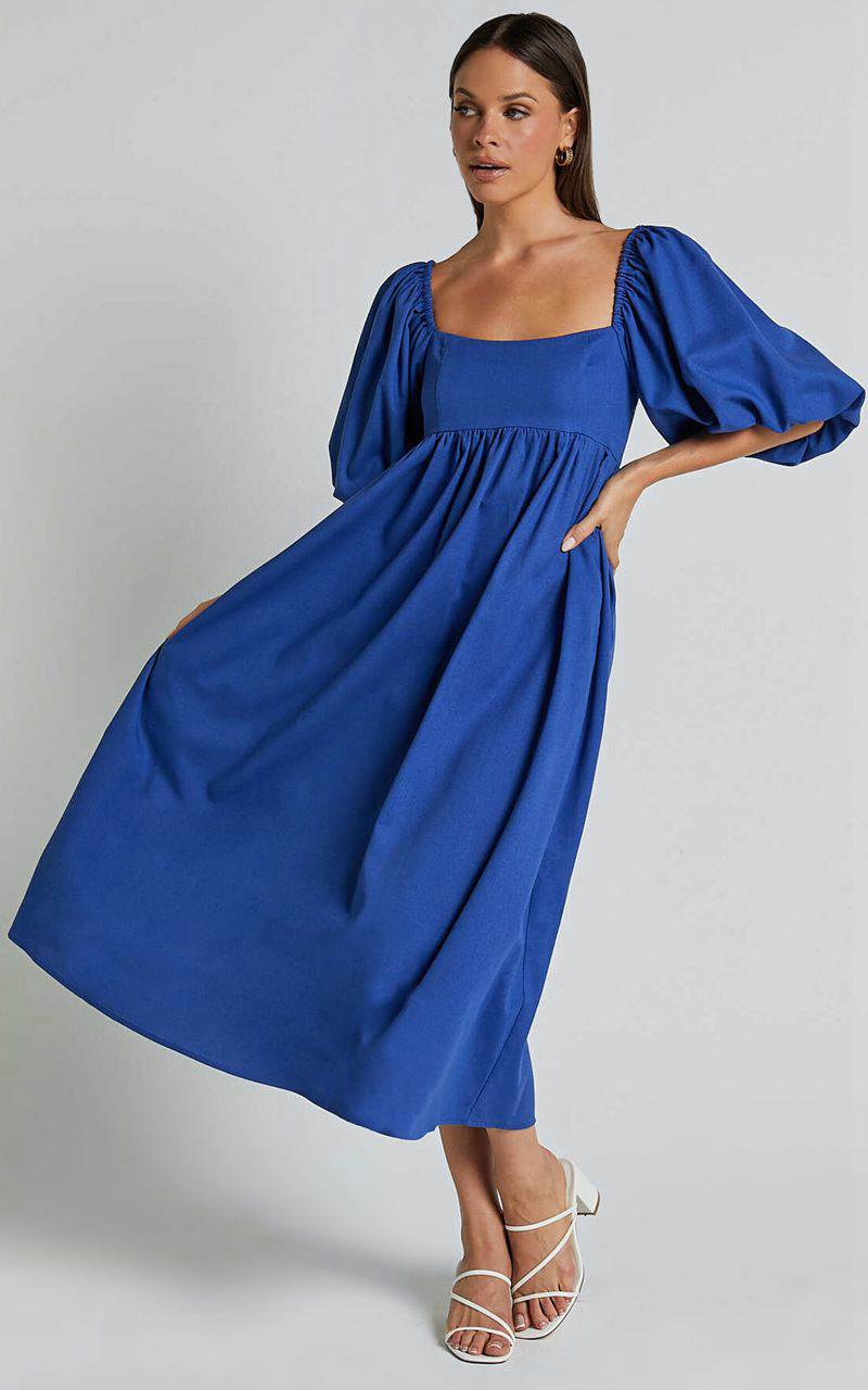 Showpo Cenia Midi Dress - Linen Look Straight Neck Shirred Back Puff Sleeve Dress Bright Blue | ZIWHBF736