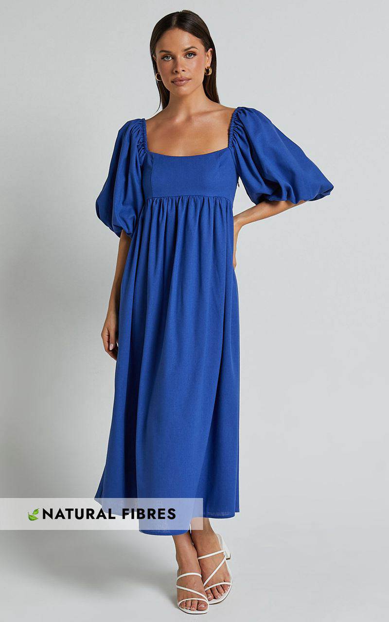 Showpo Cenia Midi Dress - Linen Look Straight Neck Shirred Back Puff Sleeve Dress Bright Blue | ZIWHBF736