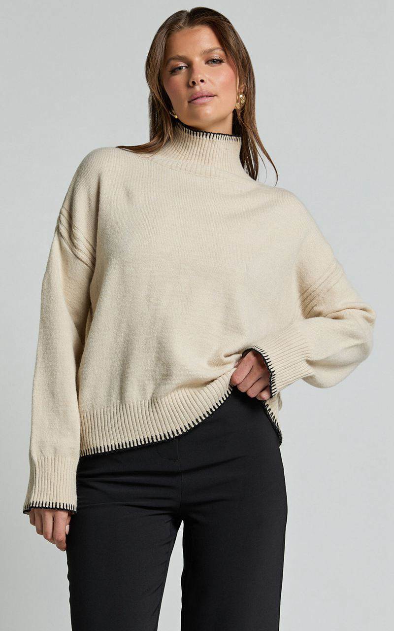 Showpo Cera Jumper - High Neck Contrast Seam Stitch Detail Knit Jumper Sand | LXFRPU873