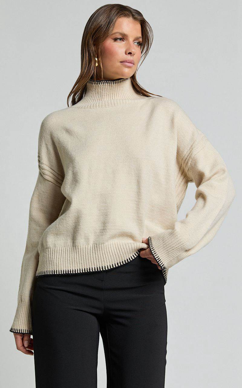 Showpo Cera Jumper - High Neck Contrast Seam Stitch Detail Knit Jumper Sand | LXFRPU873