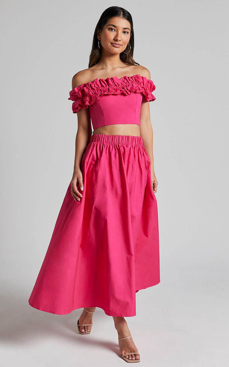 Showpo Chamonix Two Piece Set - Ruffle Strapless Crop & Midi Skirt Set Berry | SYDQGU854