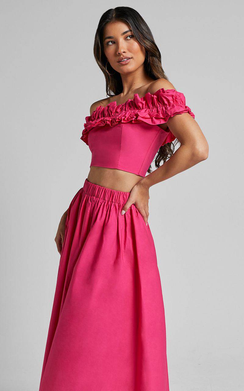 Showpo Chamonix Two Piece Set - Ruffle Strapless Crop & Midi Skirt Set Berry | SYDQGU854