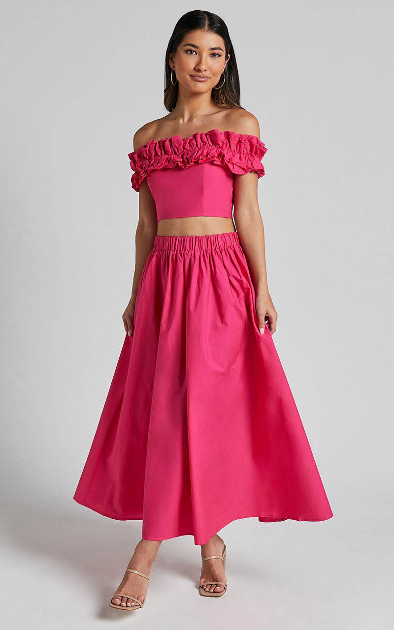 Showpo Chamonix Two Piece Set - Ruffle Strapless Crop & Midi Skirt Set Berry | SYDQGU854