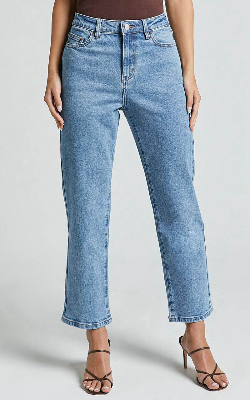 Showpo Chandler Jeans - High Waisted Crop Straight Jeans Mid Blue Wash | BLKVPR132