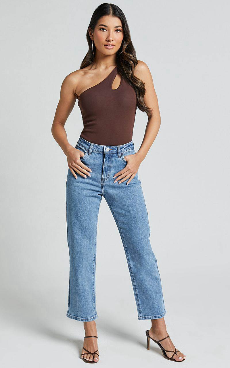 Showpo Chandler Jeans - High Waisted Crop Straight Jeans Mid Blue Wash | BLKVPR132