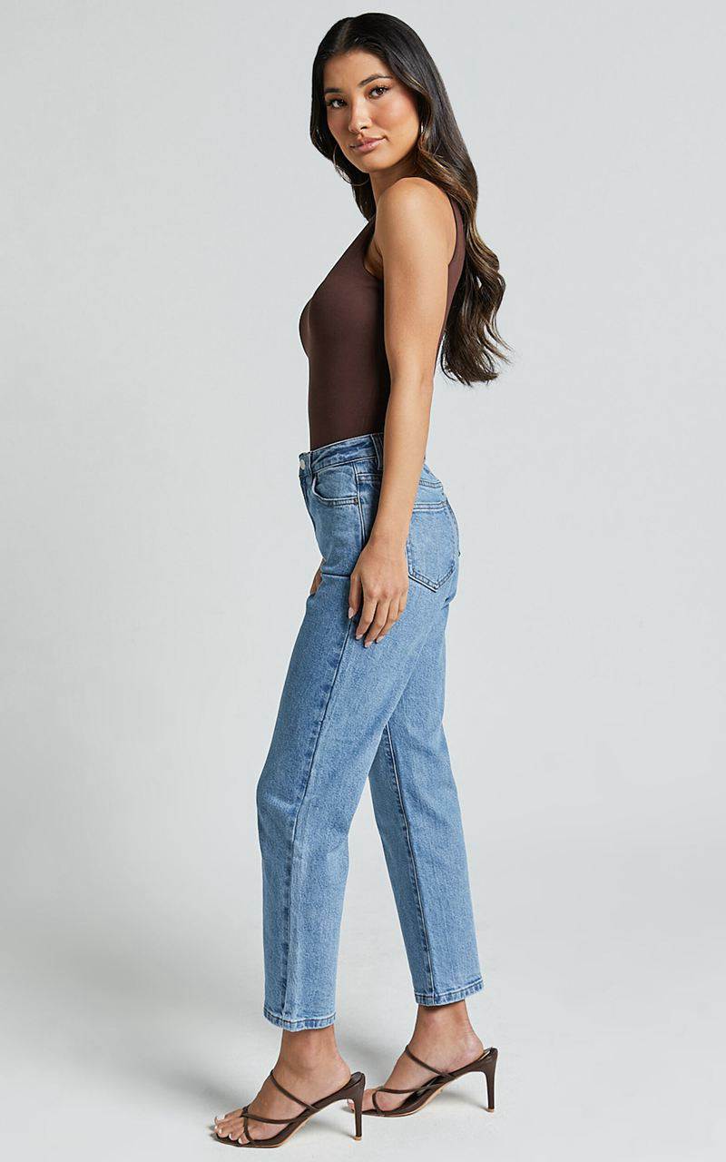 Showpo Chandler Jeans - High Waisted Crop Straight Jeans Mid Blue Wash | BLKVPR132