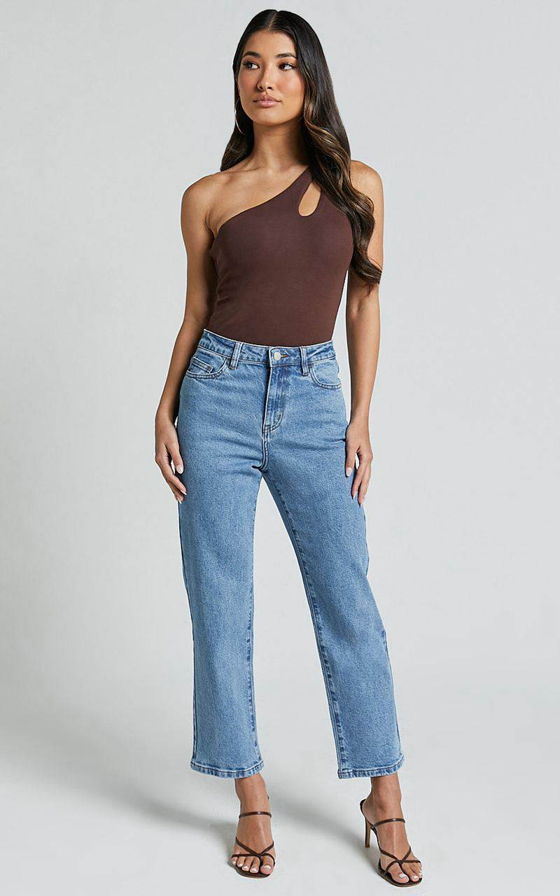 Showpo Chandler Jeans - High Waisted Crop Straight Jeans Mid Blue Wash | BLKVPR132