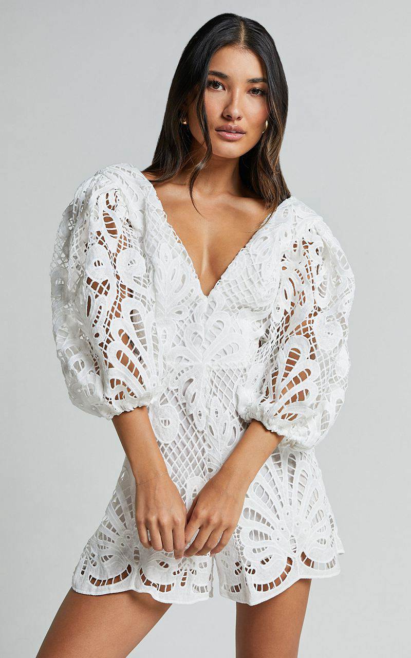 Showpo Channing Playsuit - Lace Short Puff Sleeve Playsuit White | DGAHOV043