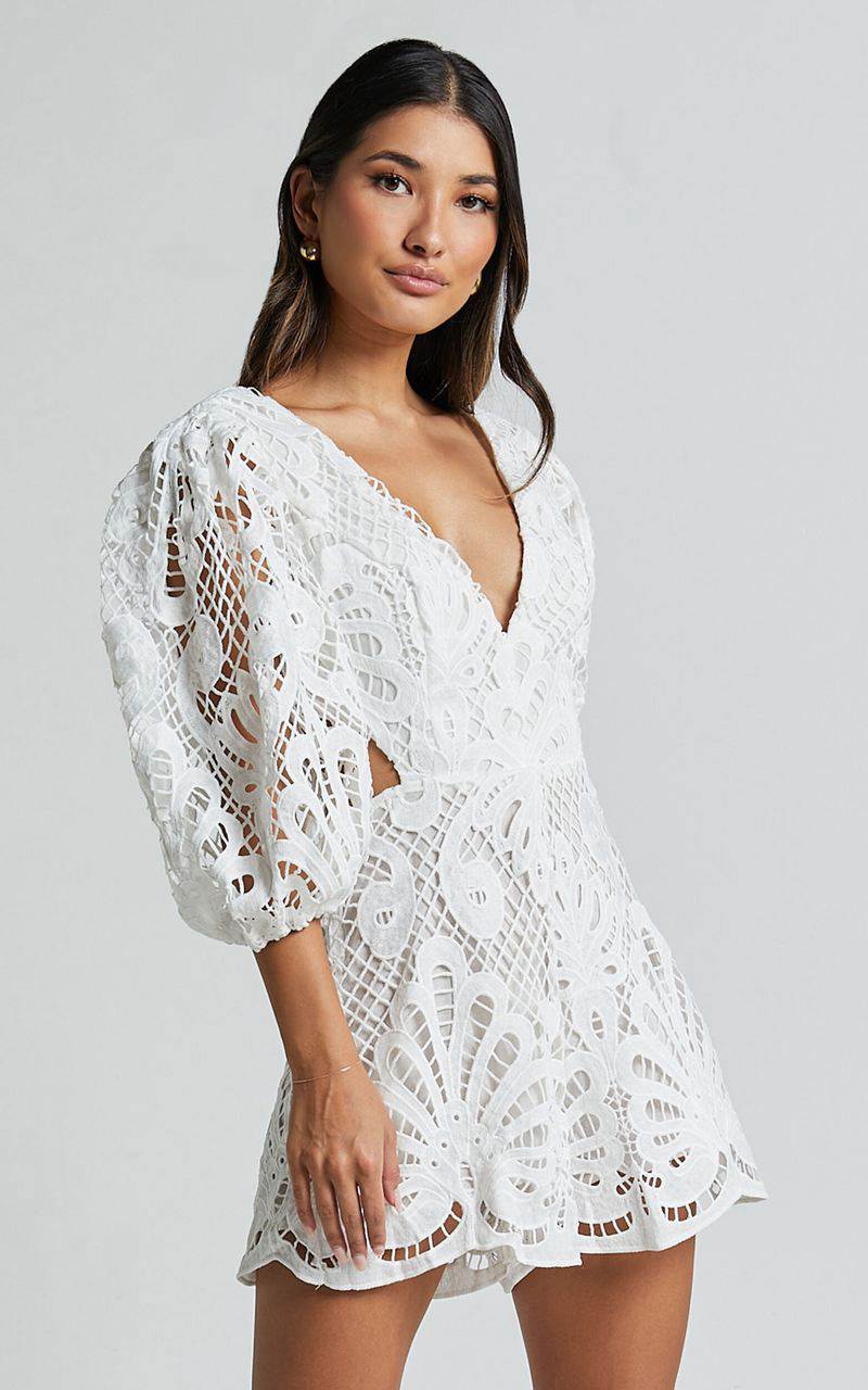 Showpo Channing Playsuit - Lace Short Puff Sleeve Playsuit White | DGAHOV043