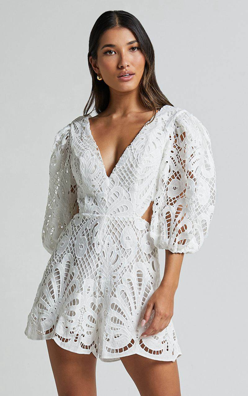 Showpo Channing Playsuit - Lace Short Puff Sleeve Playsuit White | DGAHOV043