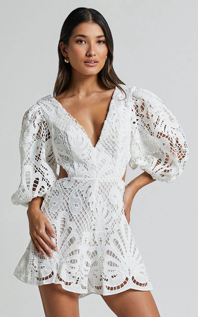 Showpo Channing Playsuit - Lace Short Puff Sleeve Playsuit White | DGAHOV043