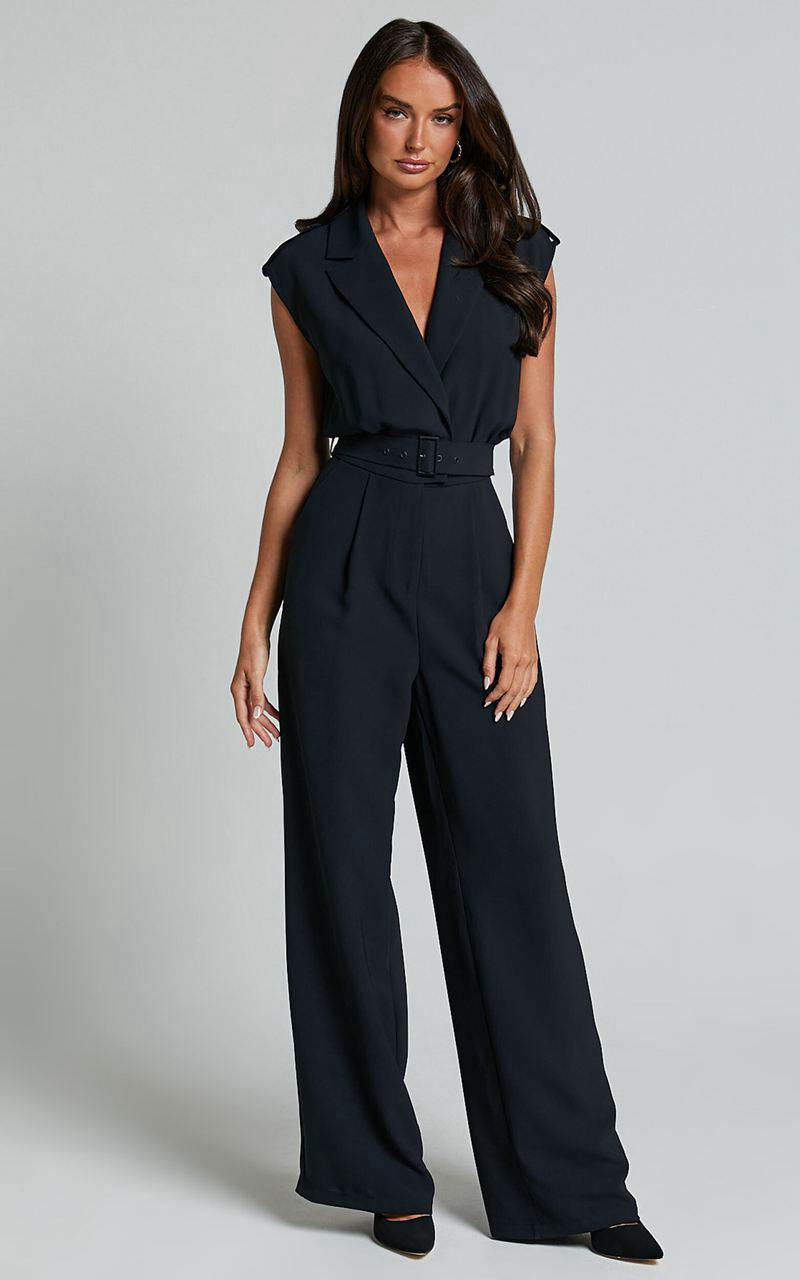 Showpo Chante Jumpsuit - V Neck Belted Wide Leg Jumpsuit Black | ULZQMC325