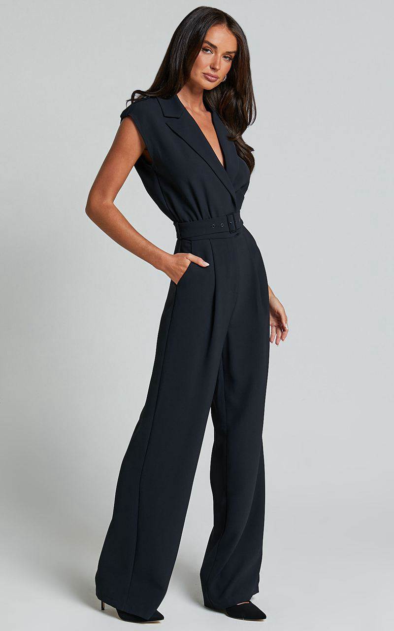 Showpo Chante Jumpsuit - V Neck Belted Wide Leg Jumpsuit Black | ULZQMC325