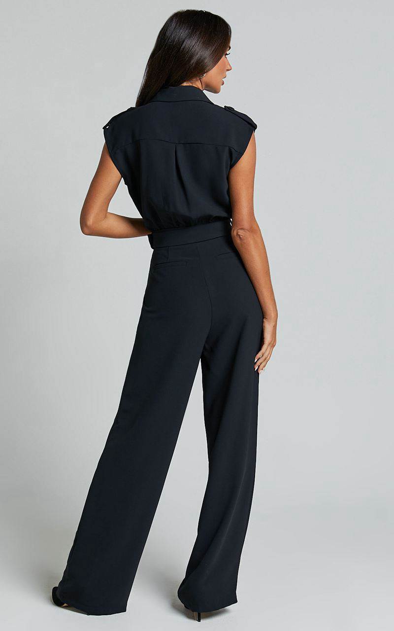 Showpo Chante Jumpsuit - V Neck Belted Wide Leg Jumpsuit Black | ULZQMC325