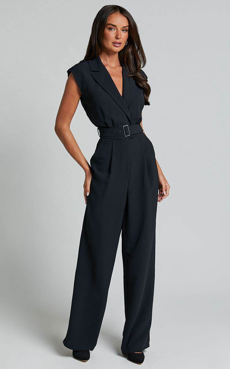 Showpo Chante Jumpsuit - V Neck Belted Wide Leg Jumpsuit Black | ULZQMC325