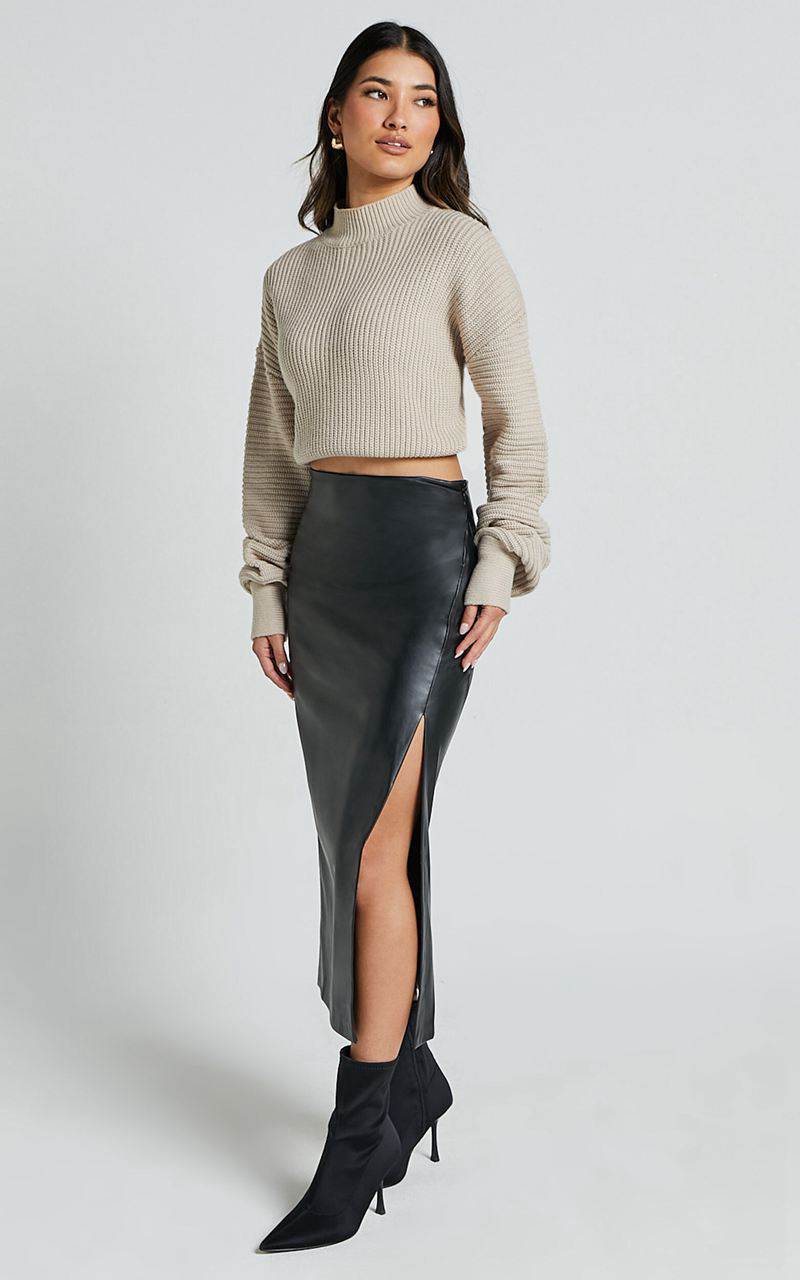 Showpo Chantel Midi Skirt - High Waist Ruched Faux Leather Skirt Black | SFIOXA084