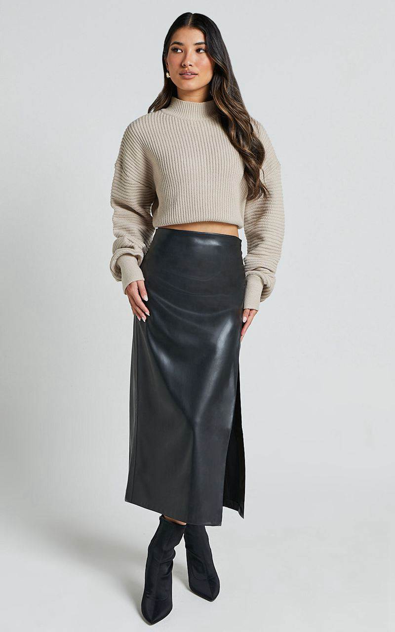 Showpo Chantel Midi Skirt - High Waist Ruched Faux Leather Skirt Black | SFIOXA084