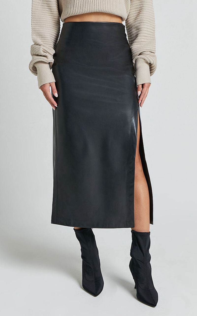 Showpo Chantel Midi Skirt - High Waist Ruched Faux Leather Skirt Black | SFIOXA084