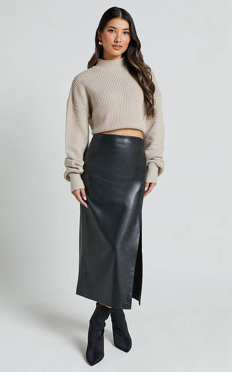 Showpo Chantel Midi Skirt - High Waist Ruched Faux Leather Skirt Black | SFIOXA084