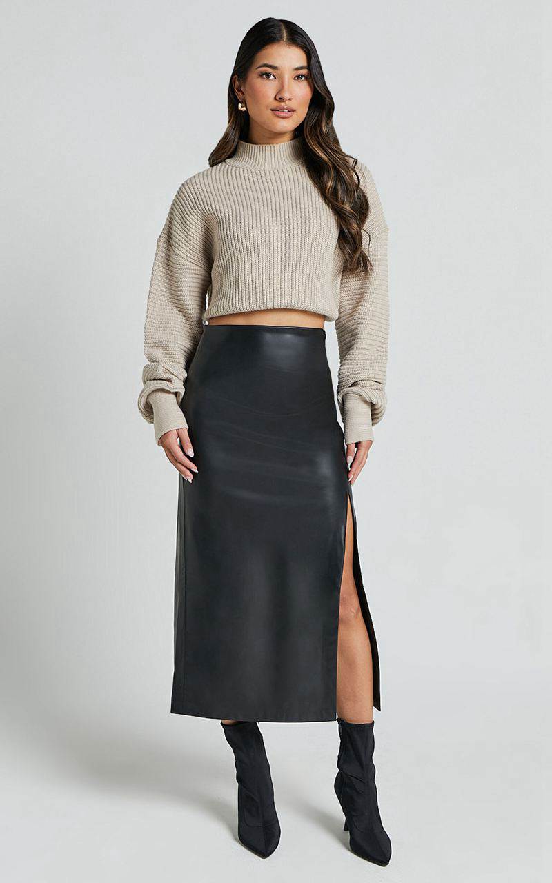 Showpo Chantel Midi Skirt - High Waist Ruched Faux Leather Skirt Black | SFIOXA084